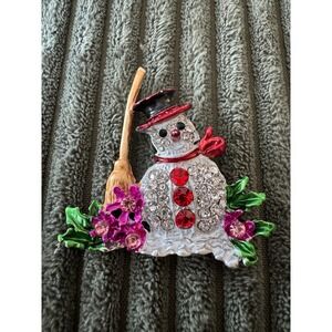 Sparkling Snowman Brooch With‎ Broom Hat Scarf Red Gems Rhinestones Christmas